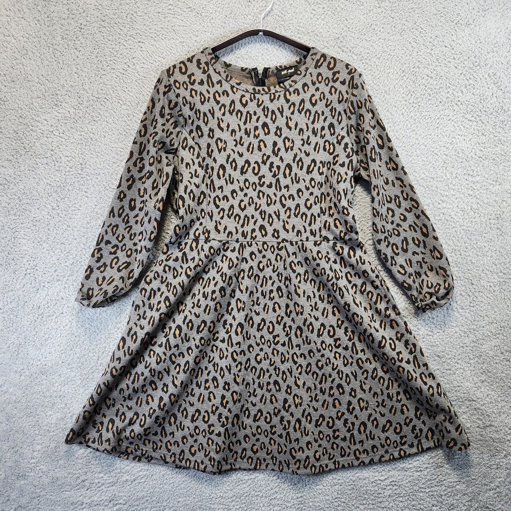 Wet Seal Leopard Print Long Sleeve Fit Flare Dress Womens Large Pockets Causal